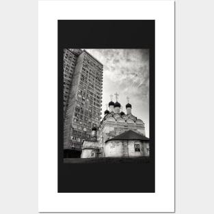 Black and white photograph of Russian orthodox church with spires and public highrise housing project in the background. Moscow, Russia Posters and Art